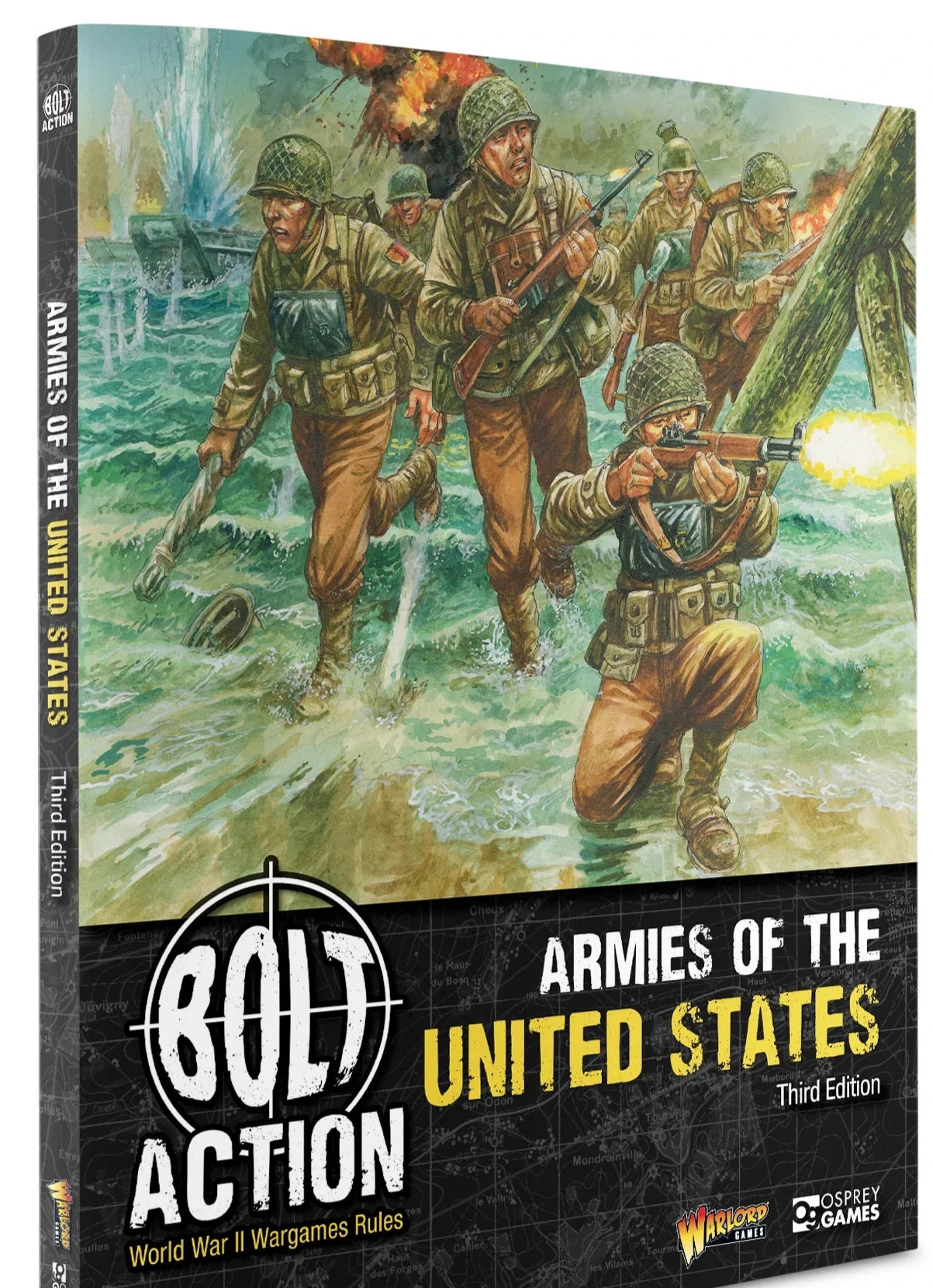 Product image showing the cover of a book titled 'Armies of the United States: Third Edition' for the Bolt Action game series, featuring illustrations of soldiers and a miniature figure.
