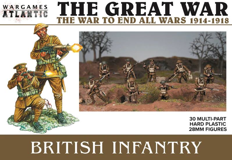 Packaging for The Great War British Infantry 1916-1918 miniature set by Wargames Atlantic, featuring illustrations of British infantry in World War I uniforms and equipment.