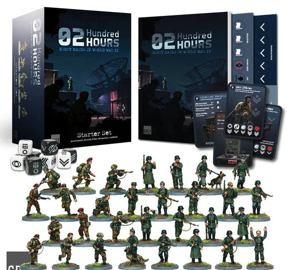 The contents of the 02 Hundred Hours Starter Set including miniatures, dice and cards required to play the game.